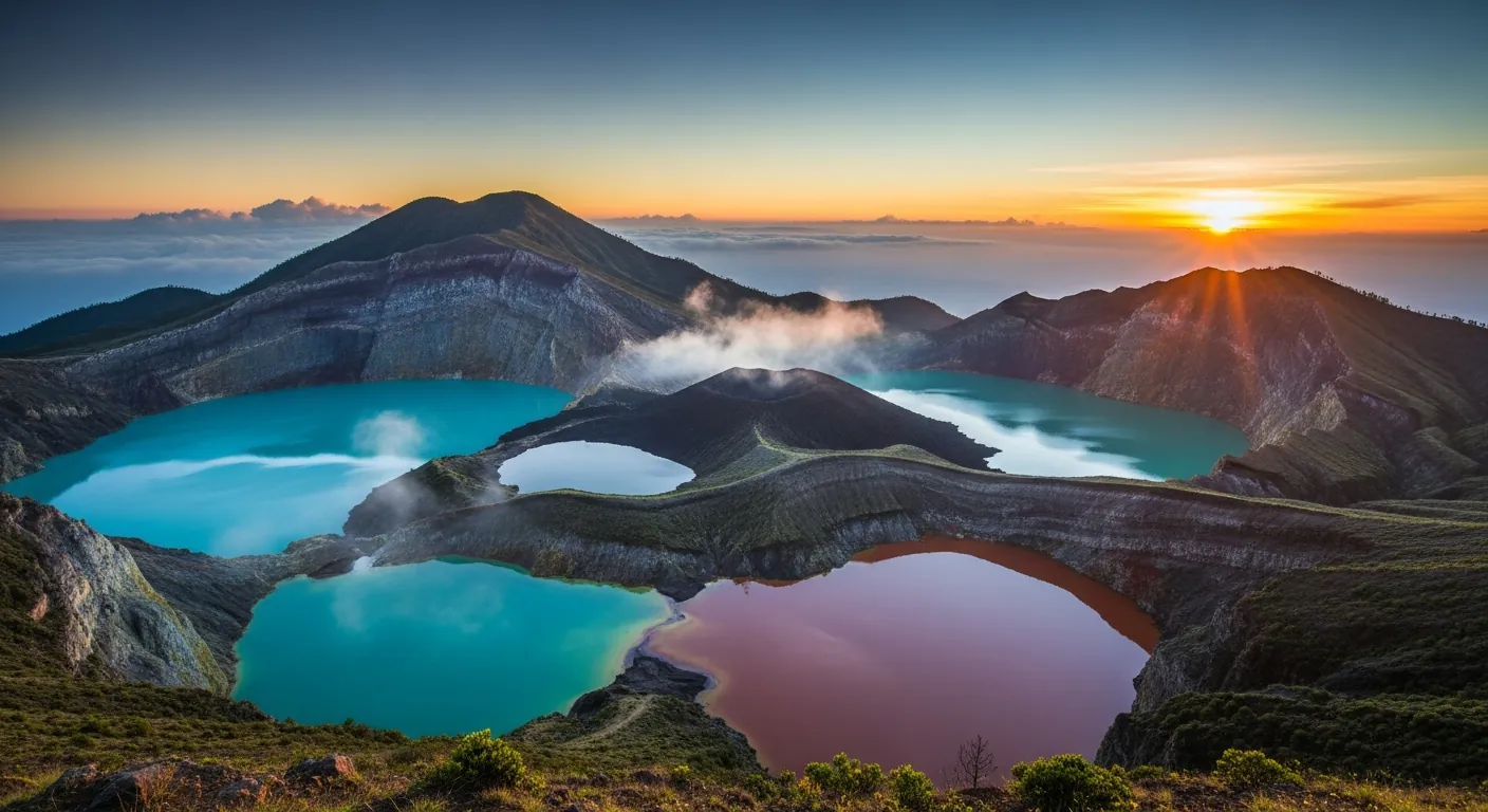 Kelimutu tri-colour crater lakes at sunrise, Flores