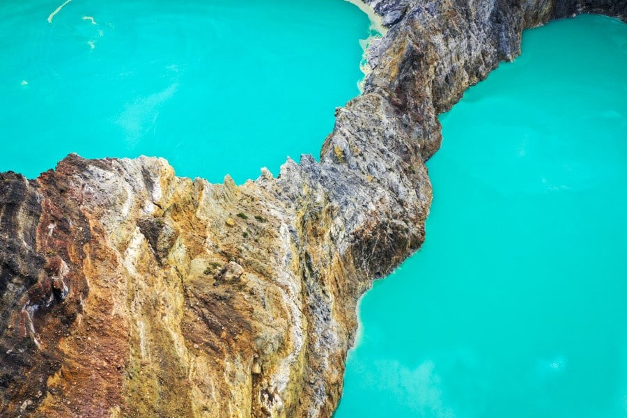 Drone view across the three crater lakes of Kelimutu