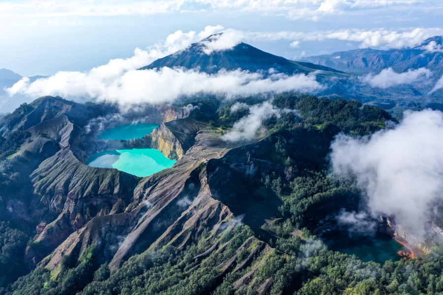 Sunrise aerial over the Kelimutu crater lakes