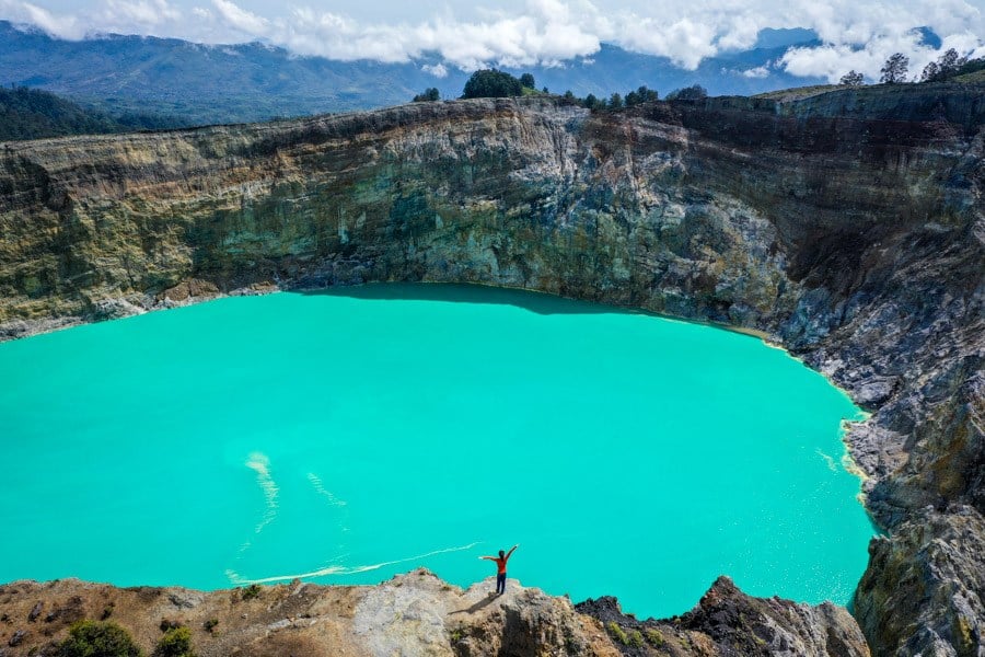 The deep emerald lake of Kelimutu captured from the air