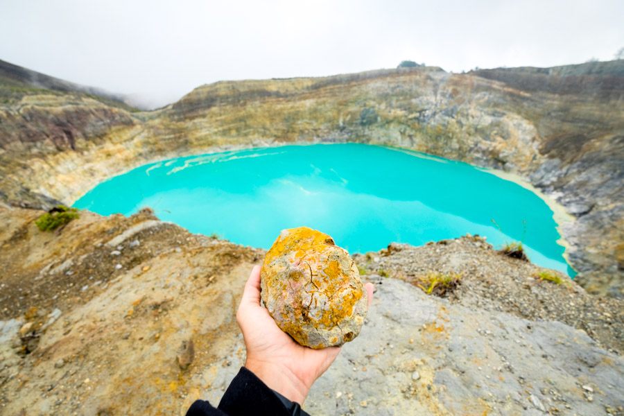Close view of the shifting colours across the Kelimutu lake surface