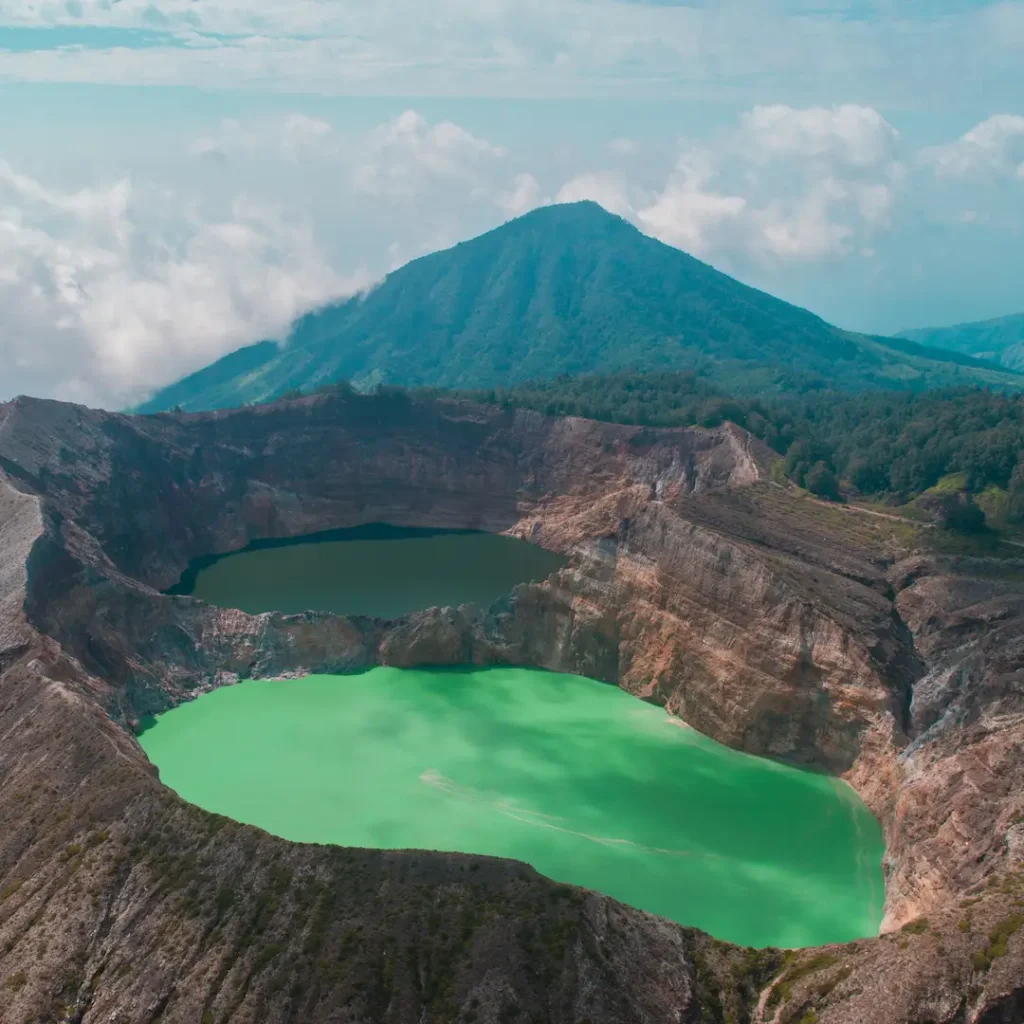 Three-colour crater lakes of Kelimutu seen from above, central Flores